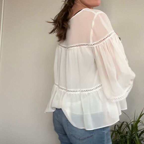 White Flowy Tiered Sheer Layered Bohemian Top M - Picture 4 of 11